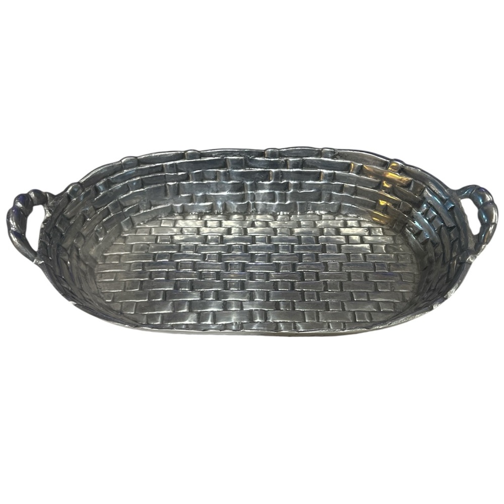 Oval, basket-weave patterned serving tray centerpiece made of pewter